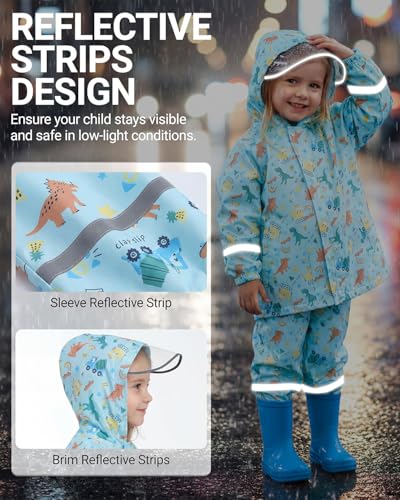 DivingBirds Kids Toddler Rain Suit,Muddy Buddy Waterproof Coverall,2-Piece Raincoat with Portable Storage Bag and Reflective Strip Light Blue for 4-5 Years