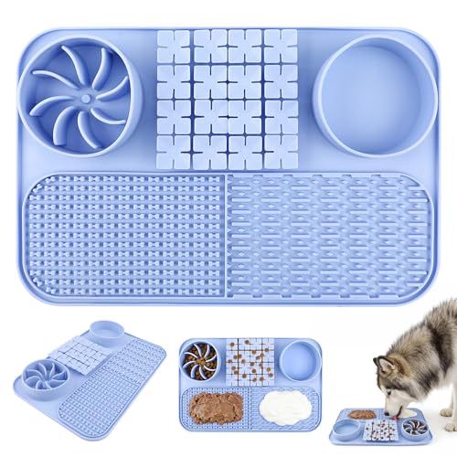 EaTubano Slow Feeder Dog Bowl Cat Food Mat Silicone Lick Mat for Dogs with Snuffle Area, Suction Cup and Multiple Licking Patterns(Blue)