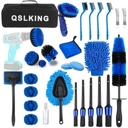 QSLKING 30PCS Car Detailing Brush Set, Car Cleaning Wash Brushes Kit Tool