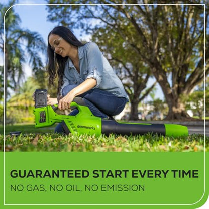 Greenworks 48V (24V x 2) Brushless Cordless Leaf Blower (140 MPH / 585 CFM) / Turbo Mode Electric Axial Blower for Yard Debris Leaves Dust Cleanup, (2) 4Ah Batteries & Dual Port Charger Included