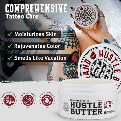 Hustle Butter Tattoo Aftercare 5oz Tattoo Balm, Heals + Protects New Tattoos and Rejuvenates Older Tattoos - 100% Vegan Tattoo Cream No-Petroleum
