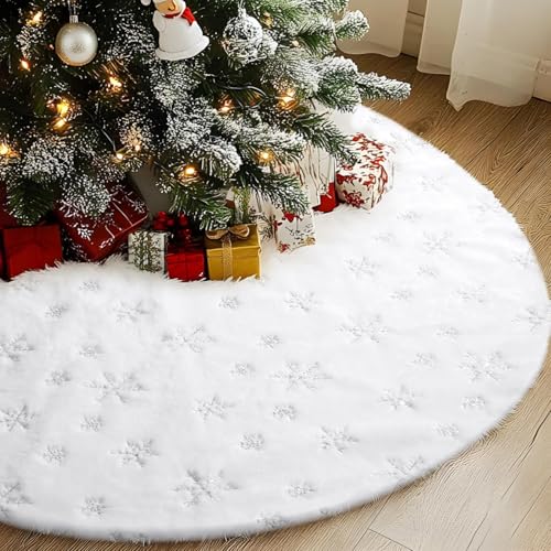 36 Inch Luxury White Faux Fur Tree Skirt with Silver Snowflake Sequins, HAOSHUOGE - Large Plush Christmas Tree Mat for Winter, Soft and Cozy Christmas Tree Decoration