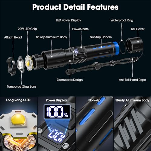 Hoxida Rechargeable LED Flashlights High Lumens, 2000LM Super Bright Flashlight with Memory Function & Stepless Dimming, 5 Modes Powerful Waterproof Handheld Flashlight for Camping Emergencies