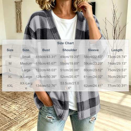 Womens Plaid Fleece Sweater Cardigan Open Front Fuzzy Sweaters Gray