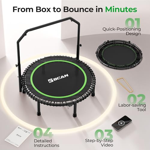 BCAN 450 LBS Foldable Mini Trampoline, 40" Fitness Trampoline with Adjustable Handle Bar, Bungees, Stable & Quiet Exercise Rebounder for Adults Indoor/Garden Workout-Green