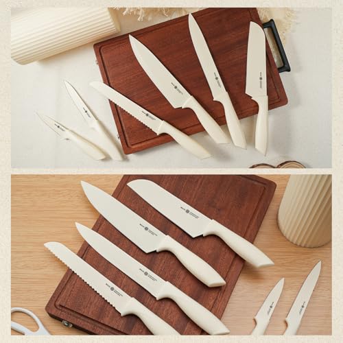 NULAS Knife Set, 8-Piece Kitchen Knife Set with Universal Block - Anti-Rust Chef Knives, Ergonomic Design, Dishwasher Safe (Cream)
