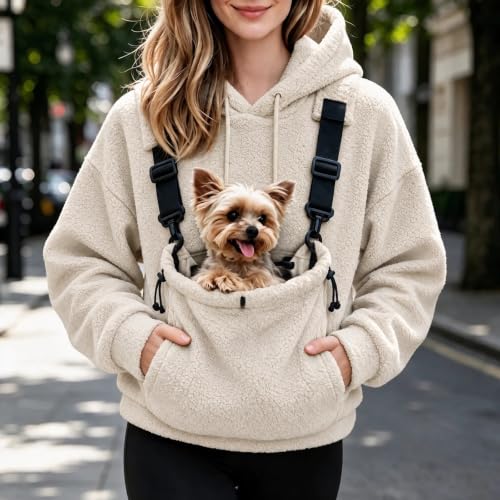 Dog Pouch Sweater Womens Pet Carrier Hoodie 2026 Fall Winter Fleece Sweatshirt Long Sleeve Pullover with Pet Pouch Pocket for Cat Dog Khaki X-Large