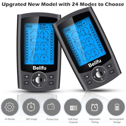 Belifu Dual Channel TENS EMS Unit with 12 Pads, 24 Modes Muscle Stimulator, Electronic Pulse Massager Muscle Massager for Pain Relief Therapy, Fastening Cable Ties, Dust-Proof Drawstring Storage Bag