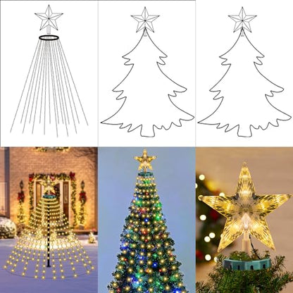 Christmas Tree Lights with Star Topper, 400LED Christmas String Lights with Ring for Tree, 6.6FT x 16 Drop Fairy Lights with 8 Modes Timer Remote for Indoor Outdoor Xmas Tree Decor, Warm White