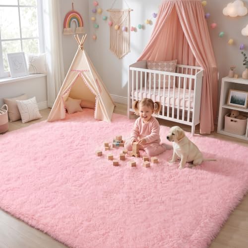 Huiuhjirug Fluffy Pink Area Rug,9x12 Tapis for Living Room Bedroom Girls
