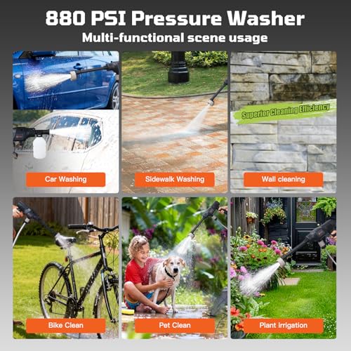 880PSI Portable Cordless Pressure Washer, 2 * 4.0Ah Power Batteries for 60 Mins Use, 10M Frost-Proof Hose, 6-in-1 Nozzle, Tap Adapter for Car Washing, Patio, Bike, Fence, Boat, Pet, Deck