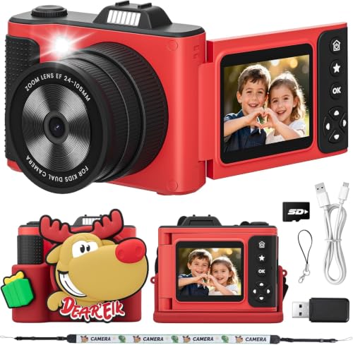 Kids Camera for Boys and Girls 1080P HD Selfie Video Camera Digital Camera for 3-10 Year Old Girls Boys with Cartoon Soft Cover & SD Card Gift for Kids Best Chritmas Birthday Festival