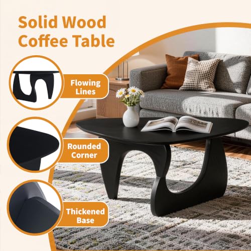 FANCROU Modern Triangle Glass Coffee Table, with and Unique Wooden Base, Mid-Century Small Accent Table for Living Rooms, Offices and Apartments, Black Linen Legs & Black Linen Tabletop, 80CM