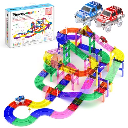 PicassoTiles 100 Piece Race Track Set, Magnetic STEM Toy, LED Cars, Ages 3+