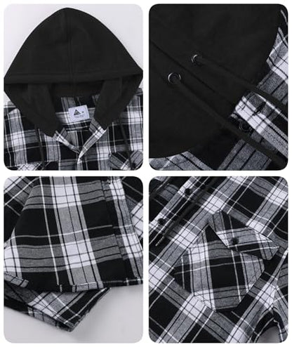 ZITY Mens Flannel Plaid Shirt Jacket Button Down Hoodie with Front Pockets
