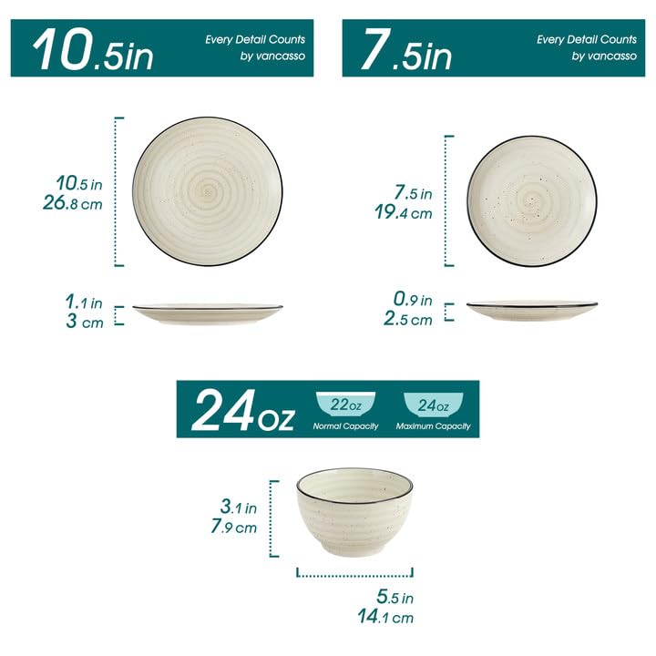vancasso Dinnerware Sets 12 Pieces Bonbon Beige Dinner Set, Plates and Bowls Sets with Dinner Plates Bowls Handpainted Spirals Pattern Dish Sets, Service for 4