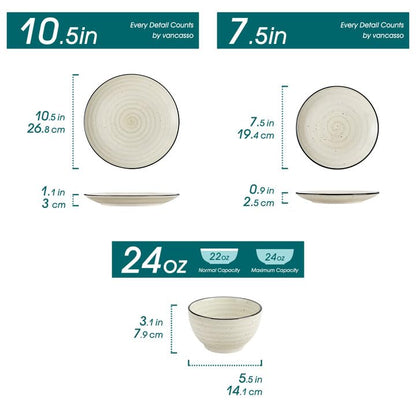 vancasso Dinnerware Sets 12 Pieces Bonbon Beige Dinner Set, Plates and Bowls Sets with Dinner Plates Bowls Handpainted Spirals Pattern Dish Sets, Service for 4
