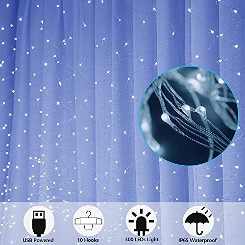 Home Lighting Window Curtain String Lights, 300 LED 8 Lighting Modes, Copper String Lights with Remote Control, USB Powered, Waterproof for Christmas Bedroom Party