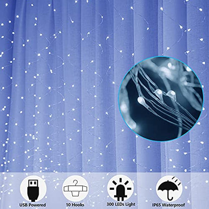 Home Lighting Window Curtain String Lights, 300 LED 8 Lighting Modes, Copper String Lights with Remote Control, USB Powered, Waterproof for Christmas Bedroom Party