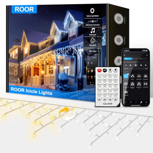 ROOR 50FT Christmas Icicle Light Outdoor 300 LED Christmas Light Warm White | 8 Modes with Remote Timer, IP65 Waterproof Connectable Icicle String Light for Xmas Eaves Window Holiday Party Yard Decor
