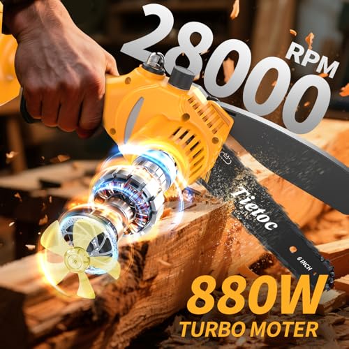 Mini tronçonneuse sans fil TIETOC 6 pouces avec grandes batteries, tronçonneuse électrique 880 W avec système de lubrification, petite tronçonneuse à batterie pour la coupe du bois/des arbres pour hommes, papa, mari, gadget
