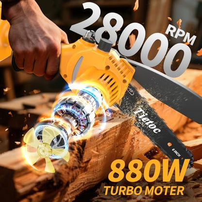 Mini tronçonneuse sans fil TIETOC 6 pouces avec grandes batteries, tronçonneuse électrique 880 W avec système de lubrification, petite tronçonneuse à batterie pour la coupe du bois/des arbres pour hommes, papa, mari, gadget