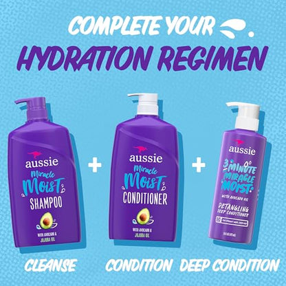 Aussie 3 Minute Miracle Moist Detangling Deep Conditioner Treatment with Avocado Oil, Paraben and Sulfate Free, 1.42 L in Total (3 Count of 475 mL Each)