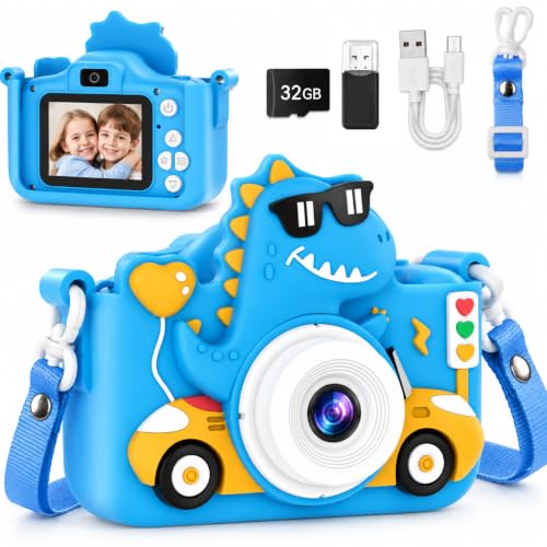 Kids Digital Camera, 1080P HD Video Camera for Toddlers with 32GB SD Card, Dinosaur Protective Case, Card Reader, Fun Selfie Toy Camera for Ages 3-12, Christmas/Birthday Gift for Boys & Girls