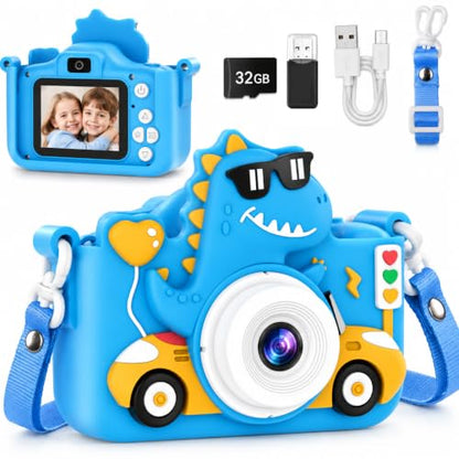 Kids Digital Camera, 1080P HD Video Camera for Toddlers with 32GB SD Card, Dinosaur Protective Case, Card Reader, Fun Selfie Toy Camera for Ages 3-12, Christmas/Birthday Gift for Boys & Girls