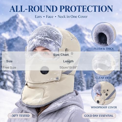 Generic Unisex Winter Trapper Hats Windproof Plush Fleece Hat with Goggles | 4 in 1 Winter Thermal Hat with Glasses, Cold Weather Warm Ski Hat for Men Women, Full Face Cover Fleece Lined Earflap Hat