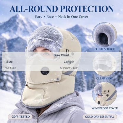 Generic Unisex Winter Trapper Hats Windproof Plush Fleece Hat with Goggles | 4 in 1 Winter Thermal Hat with Glasses, Cold Weather Warm Ski Hat for Men Women, Full Face Cover Fleece Lined Earflap Hat
