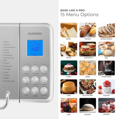 CUCKOO CBM-AAB101S | Multi-Functional Bread Maker | 1 lb., 1.5 lb., & 2 lb. Loaf Options, Crust Color Customization, Auto Fruit & Nut Dispenser, Gluten-Free Option | Stainless Steel