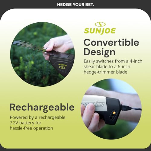 Sun Joe 2-in-1 Cordless 7.2V Handheld Grass Shear & Hedge Trimmer, HJ604C | 4" Grass Shear and 6" Hedge Trimmer Blades, Battery-Powered Operation, Safety Switch, and Blade Cover for Yard Care