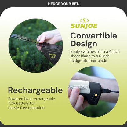 Sun Joe 2-in-1 Cordless 7.2V Handheld Grass Shear & Hedge Trimmer, HJ604C | 4" Grass Shear and 6" Hedge Trimmer Blades, Battery-Powered Operation, Safety Switch, and Blade Cover for Yard Care