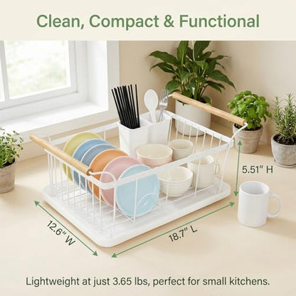 Fvellix Dish Racks for Kitchen Counter, Thickened Metal Dish Drying Rack with Wooden Handles, Kitchen Countertop Organizer for Dishes, Spoons and Forks, No Assembly, White, 16.7''*12.6''*5.12''