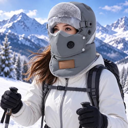 Winter Trapper Hat with Goggles Windproof Face Mask Plush Fleece Lined Balaclava Cold Weather Ski Hat for Men Women Gray