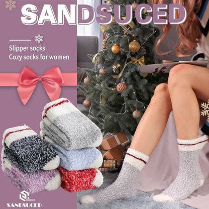 Womens Fuzzzy Socks Fluffy Slipper Winter Warm Cozy Thick Plush Cabin Soft Fleece Comfy Sleep Soft Socks Christmas Gift Stocking Stuffers for Mom Her Wife Teen Girls (Red Stripe Cuff)
