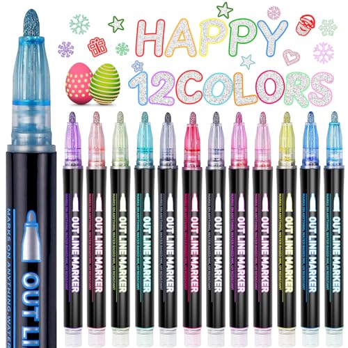 ZOOI Glitter Markers Art Supplies, Arts and Crafts for Kids Age 6-8 Girls | 12 Colors Outline Glitter Pens Marker for Kids, Chrismas Stocking Stuffers for Kids Teens, Bithday Gifts for 8-12 Years Old