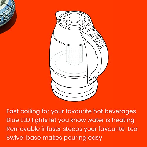 Chefman Electric Kettle 1.8L, 1500W Fast Boiling Water Heater, Auto Shutoff, Boil Dry Protection & Cordless Pouring, BPA Free, Removable Tea Infuser, Borosilicate Glass, Stainless Steel
