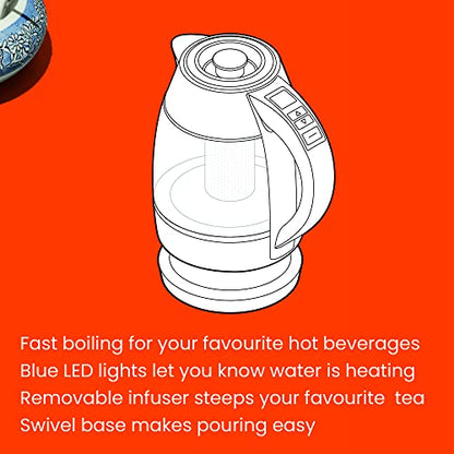 Chefman Electric Kettle 1.8L, 1500W Fast Boiling Water Heater, Auto Shutoff, Boil Dry Protection & Cordless Pouring, BPA Free, Removable Tea Infuser, Borosilicate Glass, Stainless Steel