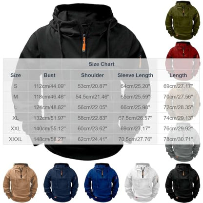 Men's Quarter Zip Up Cargo Hoodies Fall Fleece Lined Sweatshirt Black