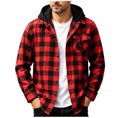 Hooded Flannel Jacket Men Long Sleeve Button Down Plaid Shirt Red