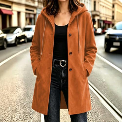 Womens Trench Coat Faux Suede Hooded Long Jacket Button Down Long Pea Coat
