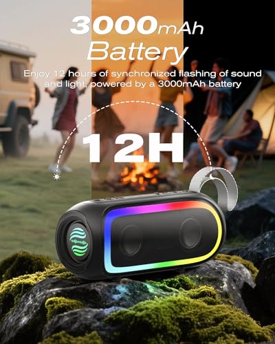 Portable Bluetooth Speaker, IPX6 Waterproof 20W HiFi Stereo Sound with Deep Bass 12H Playtime BT 5.2 Wireless TWS 7 Color Lights soundbox for Smartphone/Tablet/PC Apply to Home/Outdoor