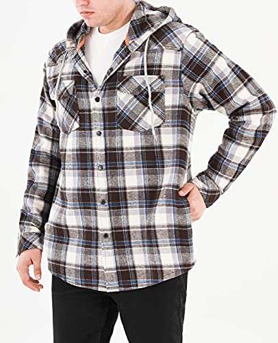 ZENTHACE Men's Flannel Shirt Jacket with Hood,Long Sleeve Plaid Flannel Hoodie Jackets Coffee/White M