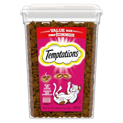 TEMPTATIONS Adult Cat Treats, Beef Flavour, 454g | Crunchy outside, soft inside, no artificial flavours, under 2 calorie per treat, 100% nutritionally complete and balanced