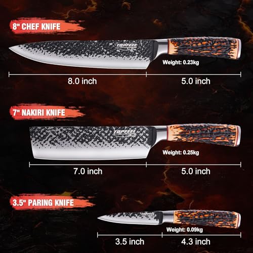 Topfeel Kitchen Knife Set, 3 PCS Japanese Chef Knife Set, Hand Forged High Carbon Stainless Steel Knives Sets，Ultra Sharp Professional Chef Knives Sets with Unique Antler-Like Handle