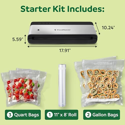 FoodSaver PowerVac Compact Vacuum Sealer Machine w/ Vertical Storage | 5 Airtight Vacuum Seal Bags & 1 Roll | VS0150 | Stainless Steel / Black
