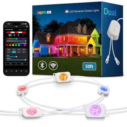 Lepro EE1 AI Permanent Outdoor Lights, 50ft 30 RGB+IC LED & Dual Output | IP67 Waterproof Eave Light for Christmas, Halloween, Smart Light Decor, Works with Alexa & Google, 2.4 GHz WiFi/Bluetooth