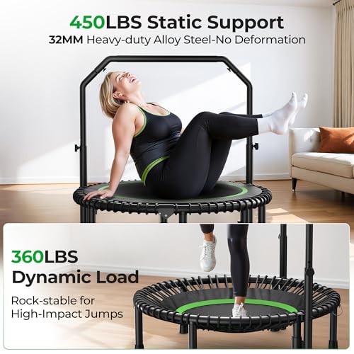 BCAN 450 LBS Foldable Mini Trampoline, 40" Fitness Trampoline with Adjustable Handle Bar, Bungees, Stable & Quiet Exercise Rebounder for Adults Indoor/Garden Workout-Green
